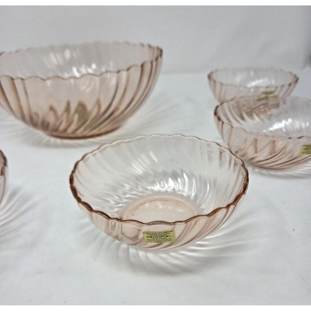 Arcoroc France Rosaline Pink Swirl Glass‎ Salad Bowl Set 7 Pc Vintage 1970s